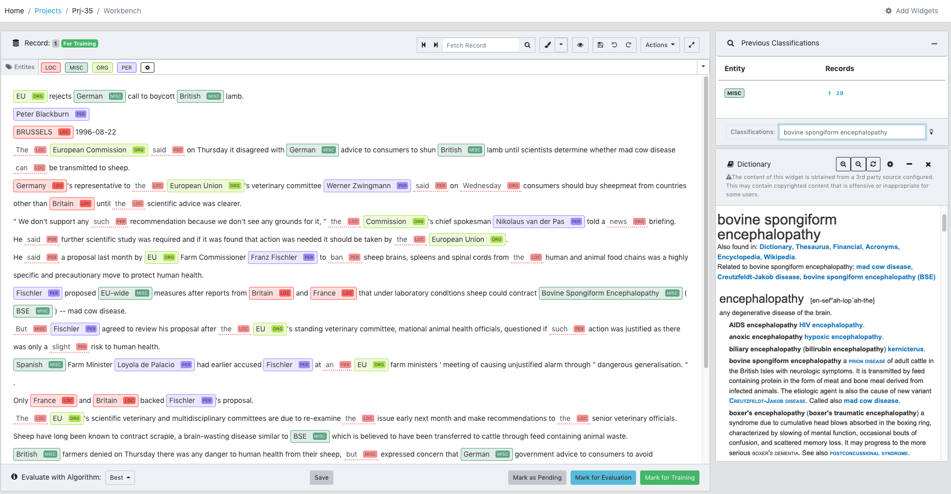 Workbench dictionary