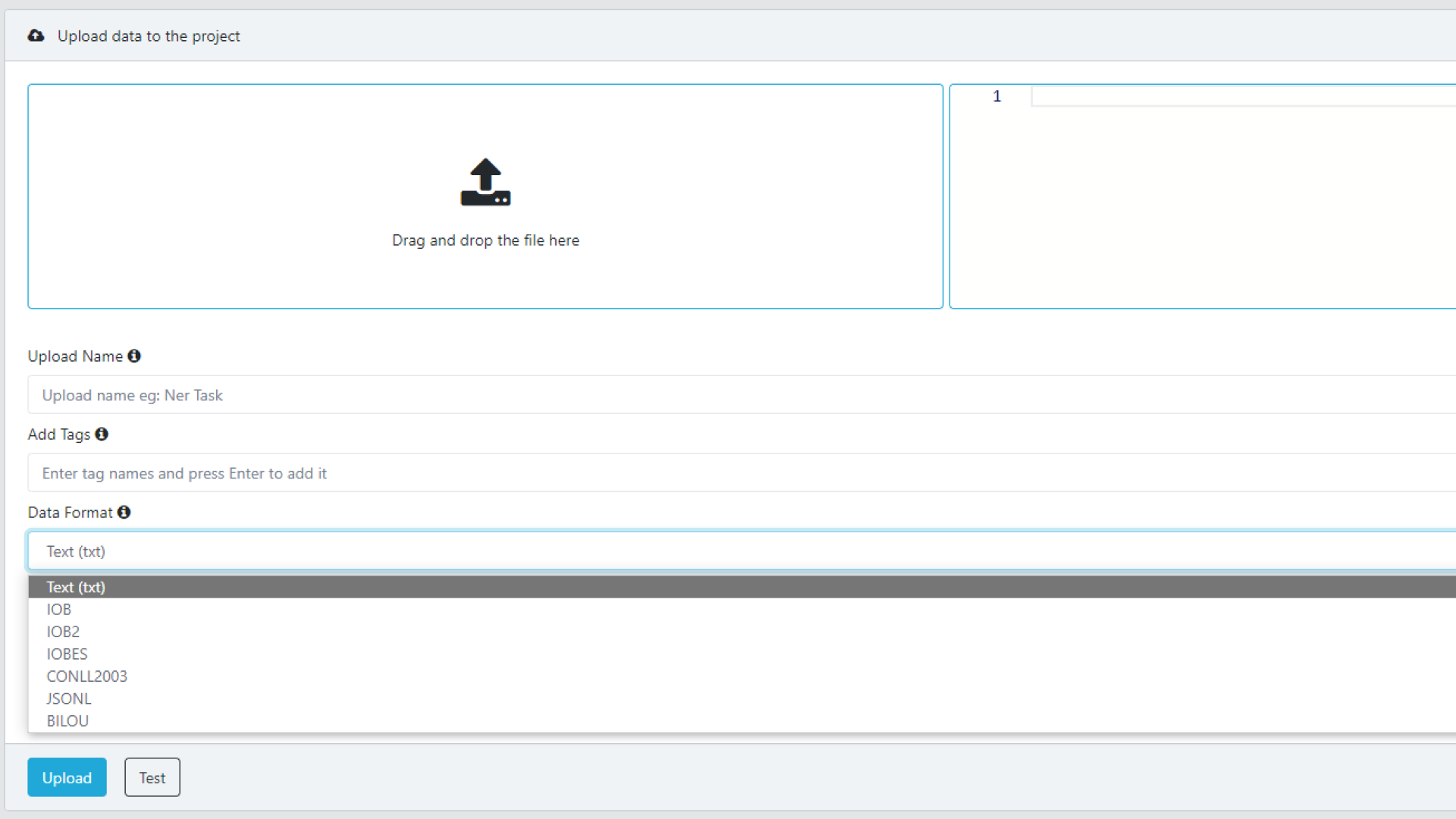 Upload UI multiple data formats: TXT, IOB, IOB2, IOBES, CONLL2003, JSONL, BILOU